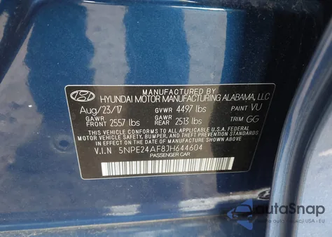 2018 Hyundai Sonata Se из США, поврежденный, VIN 5NPE24AF8JH644604